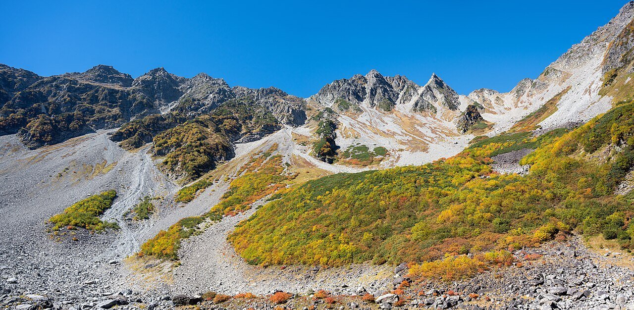 The rocky, green Kamikochi valley in the Hida Mountains, part of the Northern Japan Alps